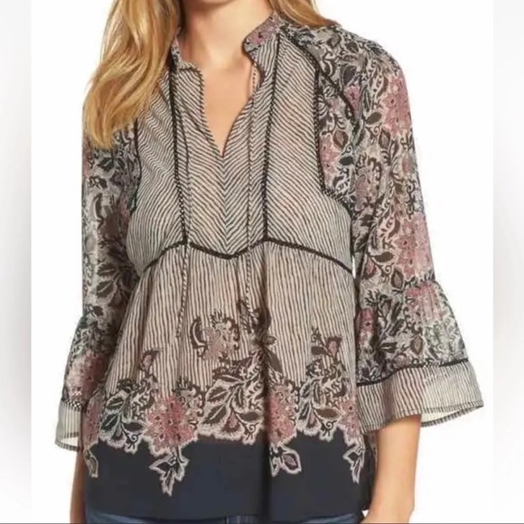 NWT Lucky Brand Blouse Mixed Print Blouse Boho 3/4th Bell Sleeve Floral Striped - Picture 4 of 10